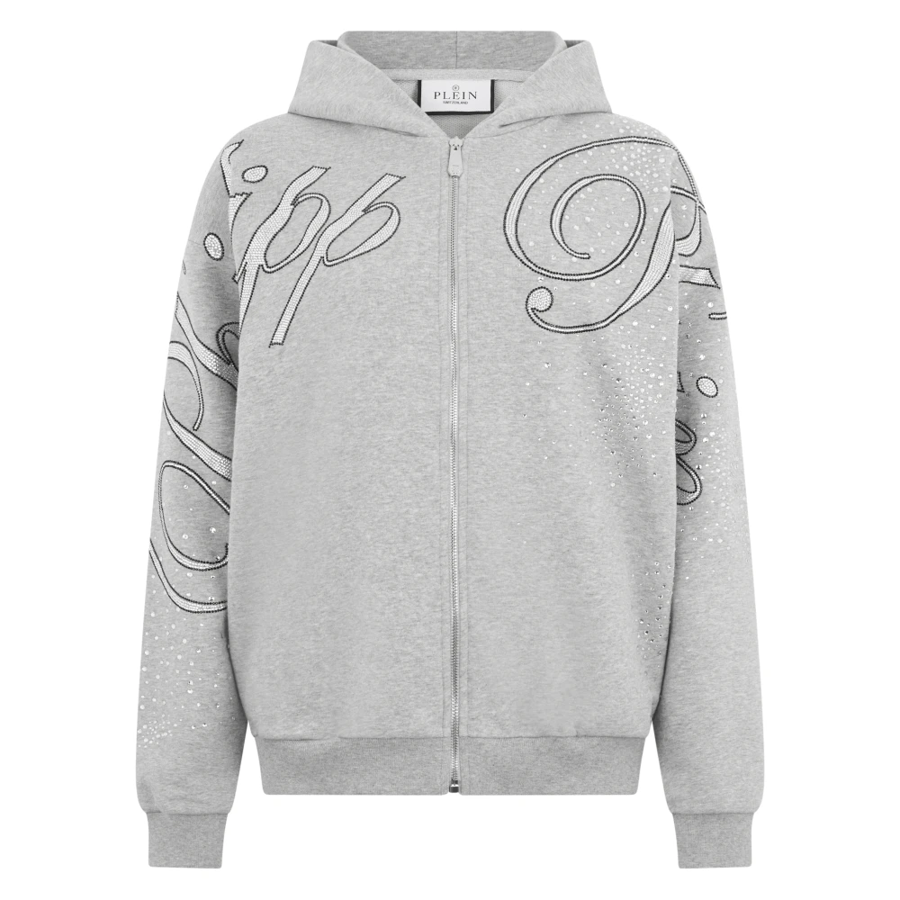 Philipp Plein Women's Gray Zip-Throughs, L, Chenille Zip Hoodie Spray Strass
