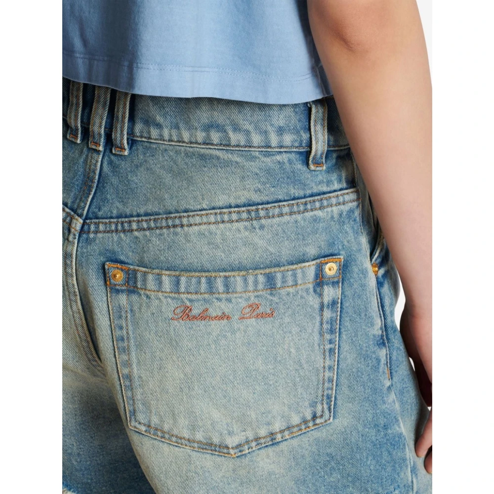 Balmain Denim Shorts met Geborduurd Logo Blue Dames