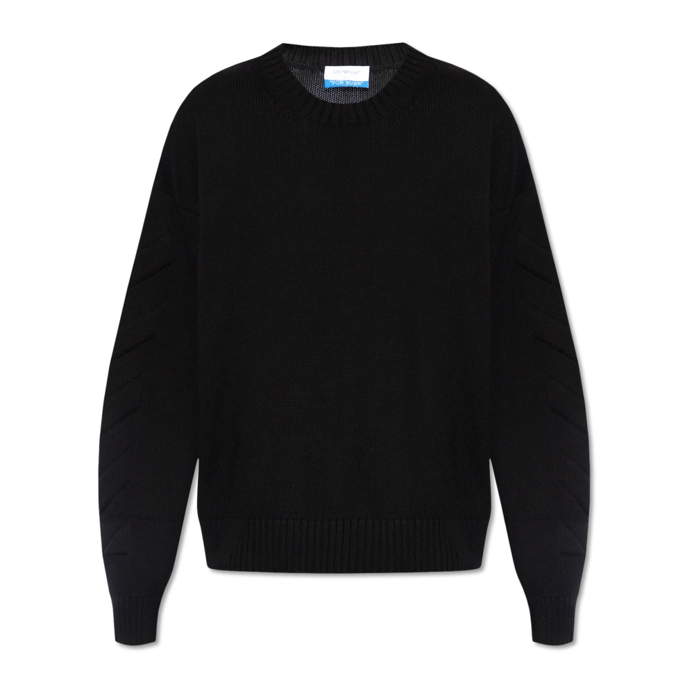 Off White Men's Black Round-Neck Knitwear, M, Cotton Jumper