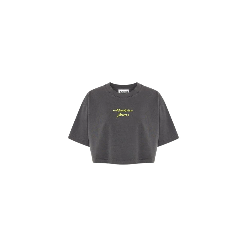 Moschino Unisex Grijs Tops L, Katoen, Geborduurde Cropped Top Van Katoenen Jersey