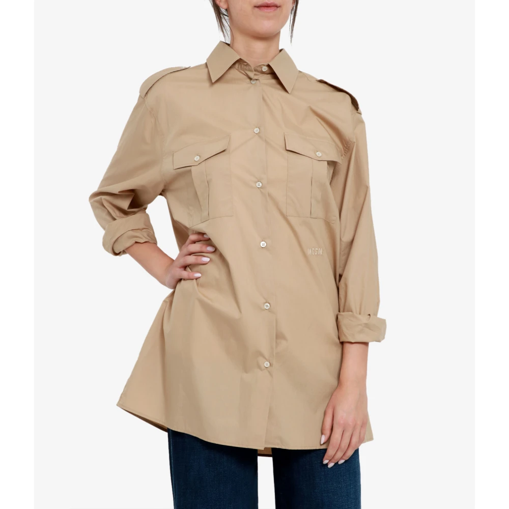 Msgm Beige Katoenen Shirt met Schouderembleem Beige Dames