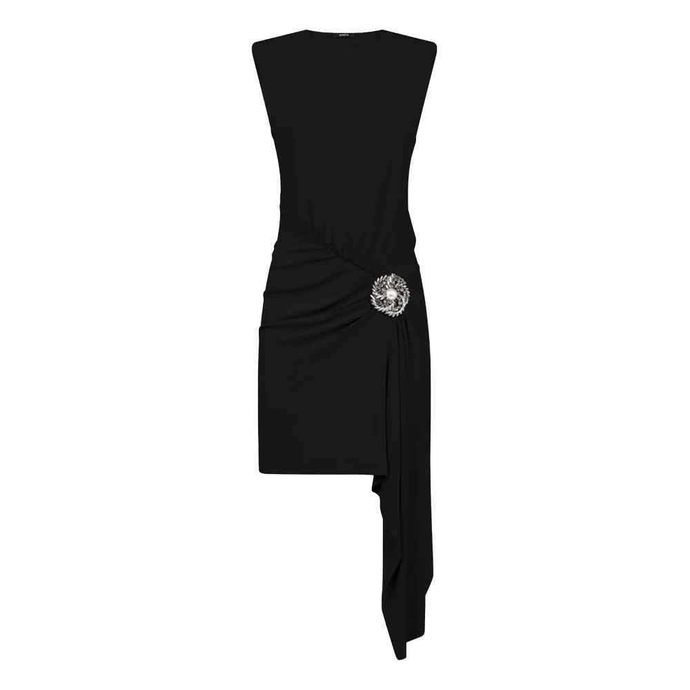 Amen Zwarte Jersey Jurk met Zilveren Bloem Black Dames