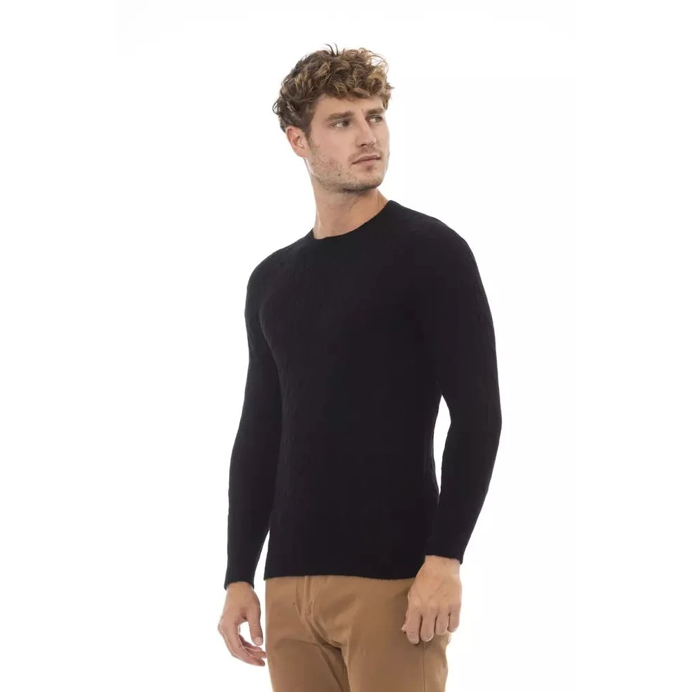 Alpha Studio Elegante ronde hals trui in luxe mix Black Heren