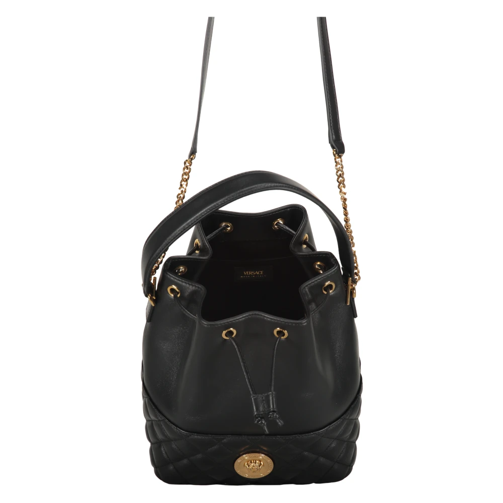 Versace Leren Bucket Bag met Trekkoordsluiting Black Dames