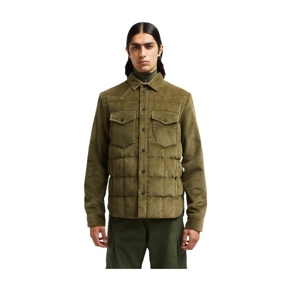 Moncler Olijfgroene Corduroy Down Shirt Jas Green Heren