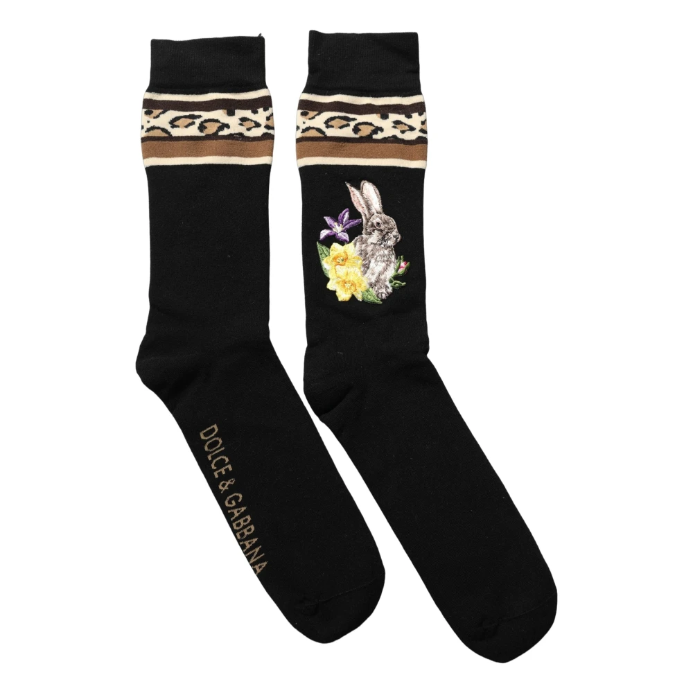 Dolce & Gabbana , Socks, Female, Black, One Size, Black Rabbit Floral Wool Mid Calf Accessory Socks - Image 1