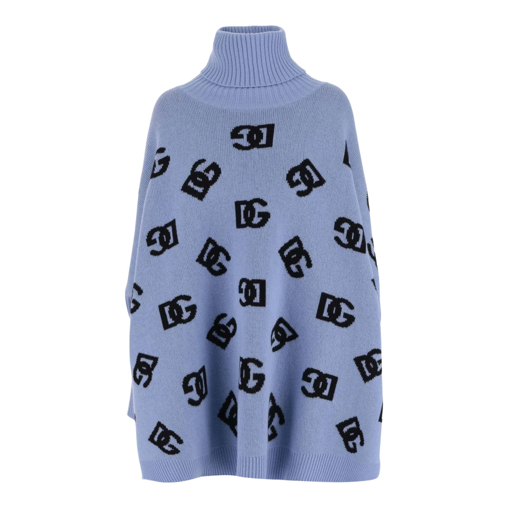 Dolce & Gabbana Ull Poncho med DG Logo Motif Blue, Dam