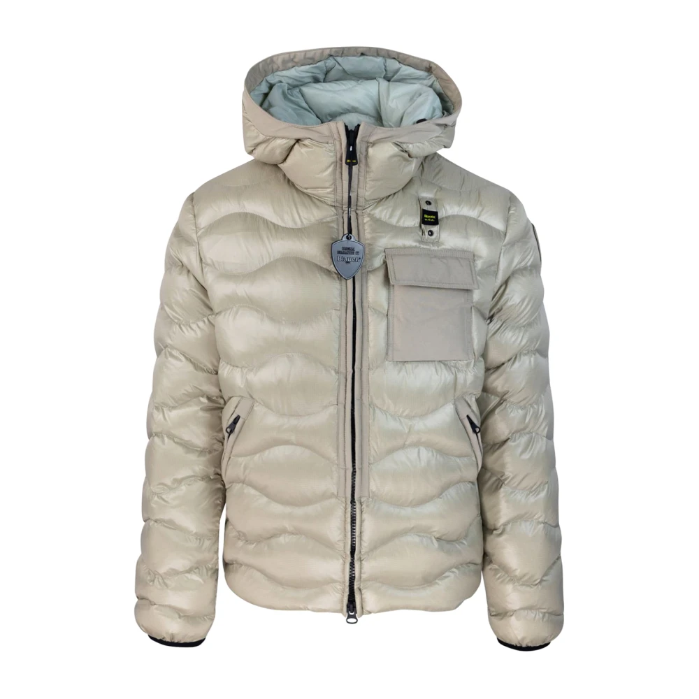 Blauer Nylon Gewatteerde Jas met Verborgen Rits Beige Heren