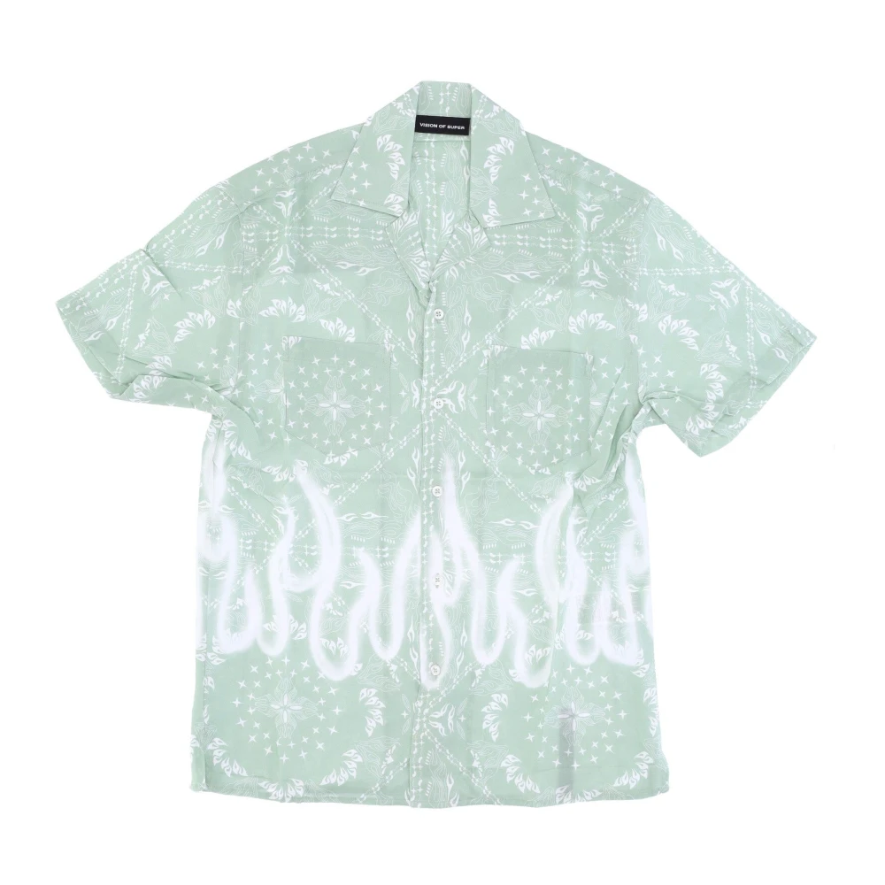 Vision Of Super Men's Green Flames Bandana Short Sleeve Shirt
