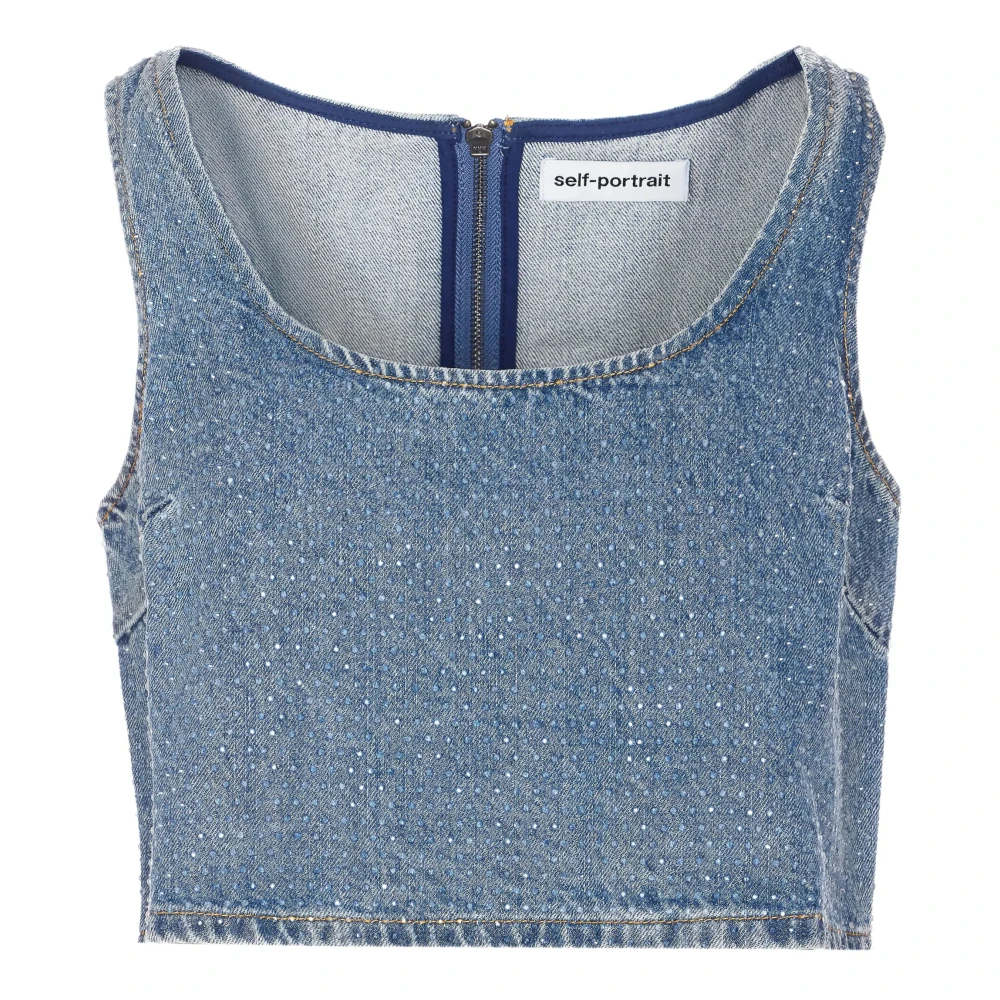 Self Portrait Women's Blue Rhinestone Denim Crop Top - Sleeveless Tops - 2XS - Tops