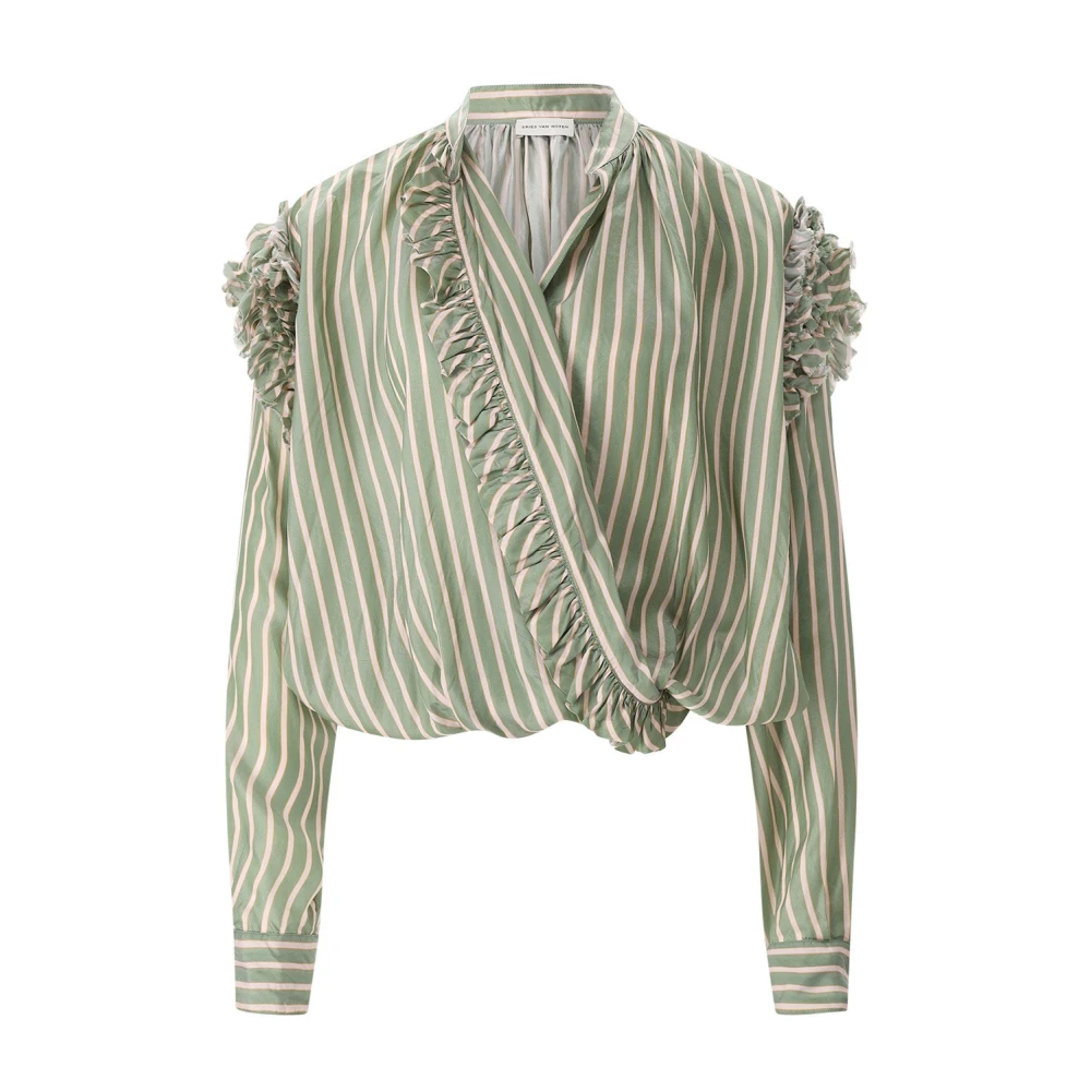 Dries Van Noten Women's Green Blouses, M, Striped Wrap Blouse