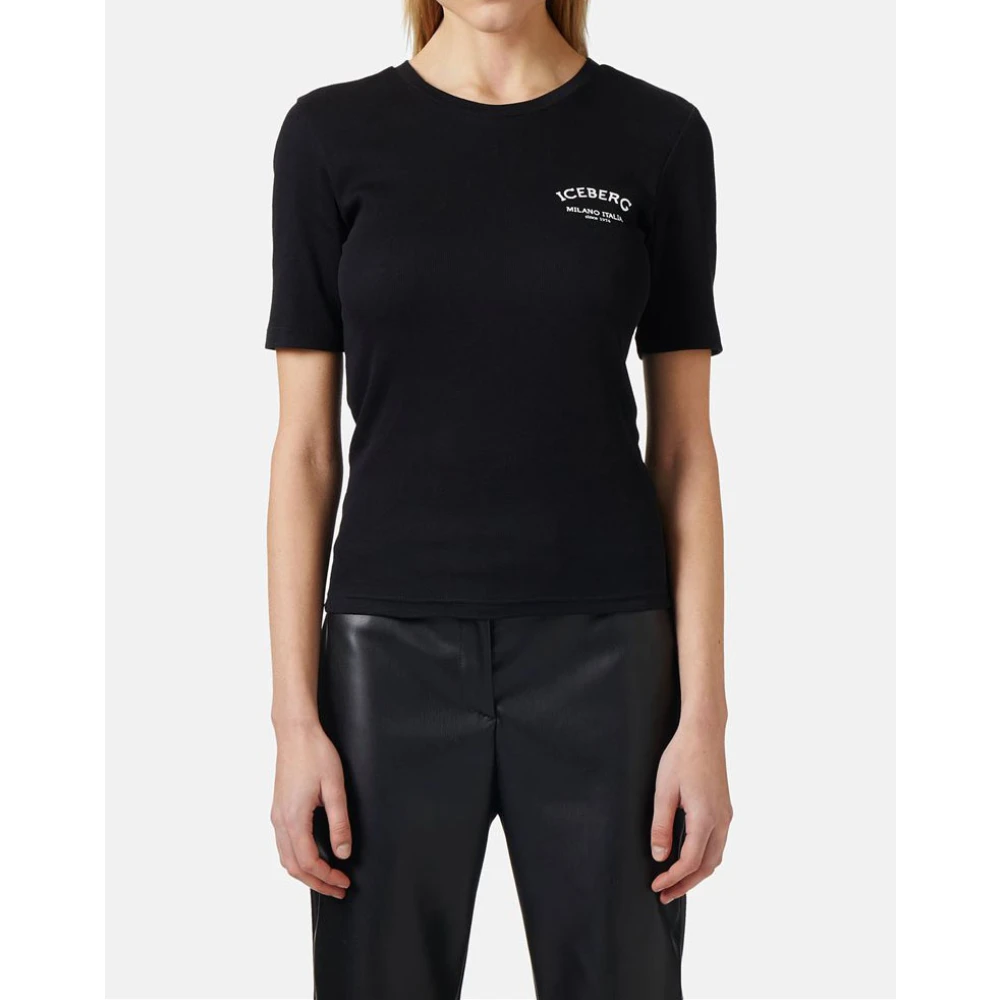 Iceberg Kortemouw T-shirt in katoenen rib Black Dames
