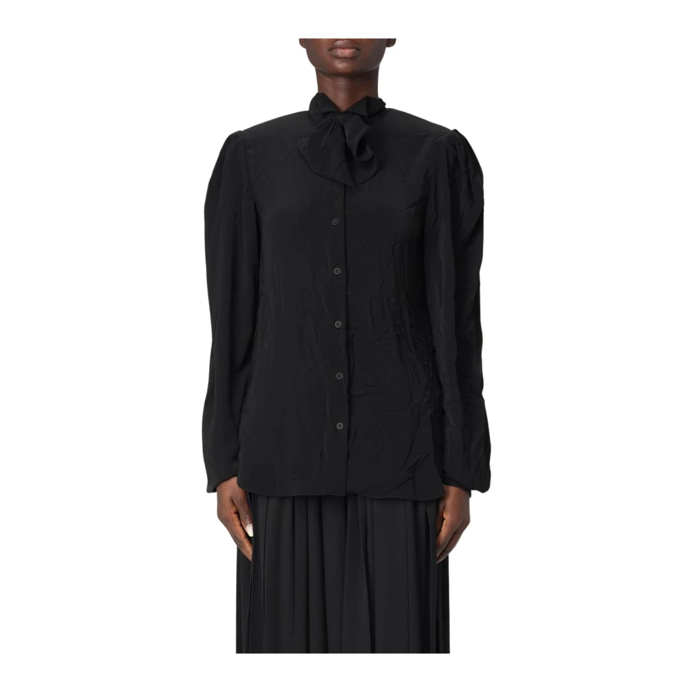 Balenciaga Women's Black Silk Bow Tie Blouse Puff Sleeves - Shirts - Xs - Blouses & Shirts