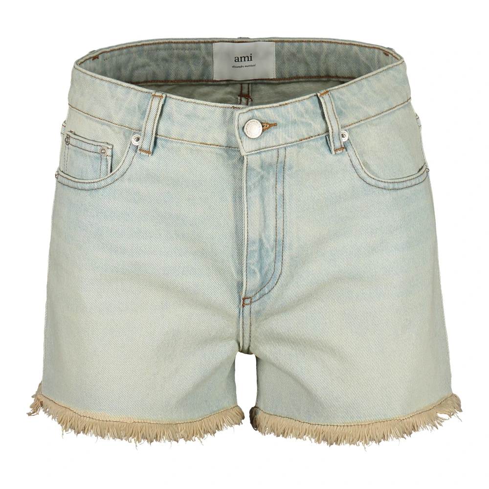 Ami Paris Denim Shorts Contraststiksels Raffels Blue Dames