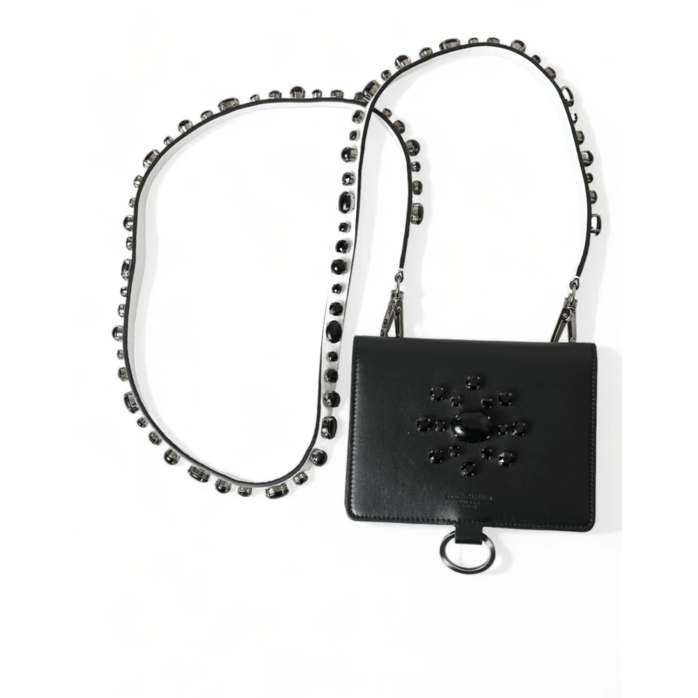 Dolce & Gabbana Women's Black Elegant Leather Crystal Card Holder Wallet - Cross Body Bags - One Size- Bags