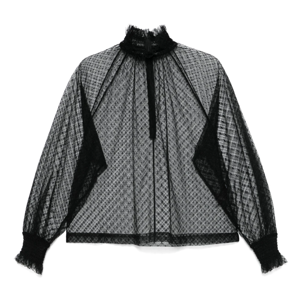 Dolce & Gabbana Mesh Blouse met Ruches en Opstaande Kraag Black Dames