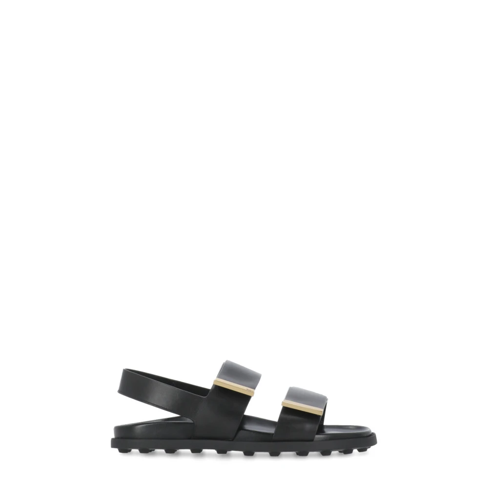 Tod's Women's Black Flat Sandals, 5 Uk, Leather Sandals With Velcro Fastening