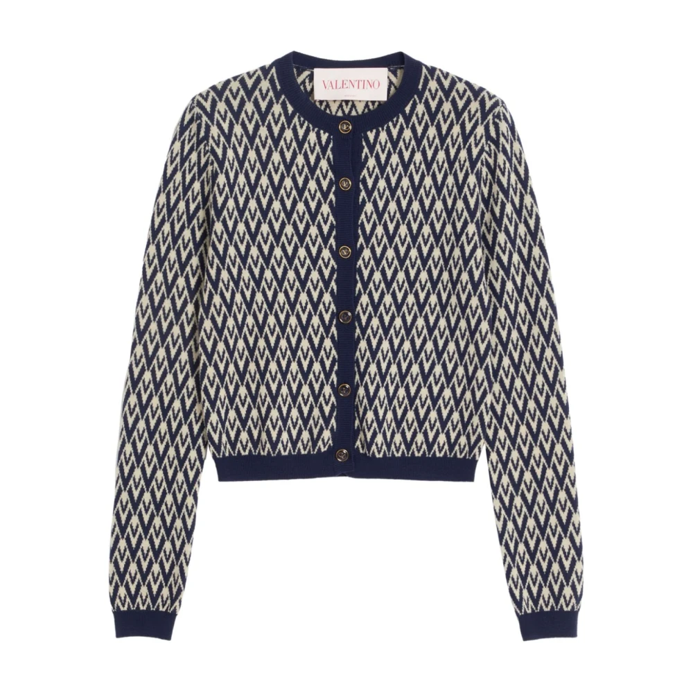 Blå V Jacquard Ull Cardigan