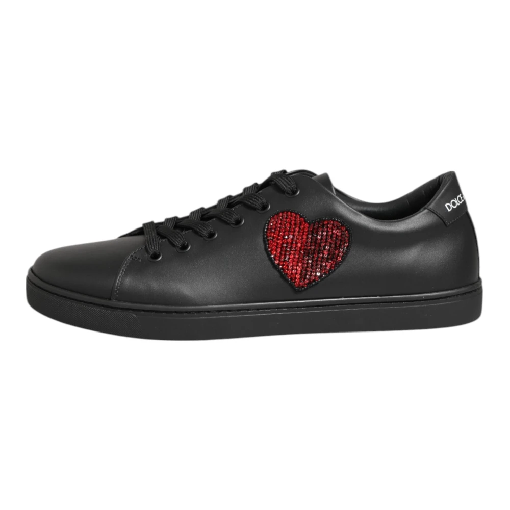 Dolce & Gabbana Women's Black Leather Crystal Heart Sneakers