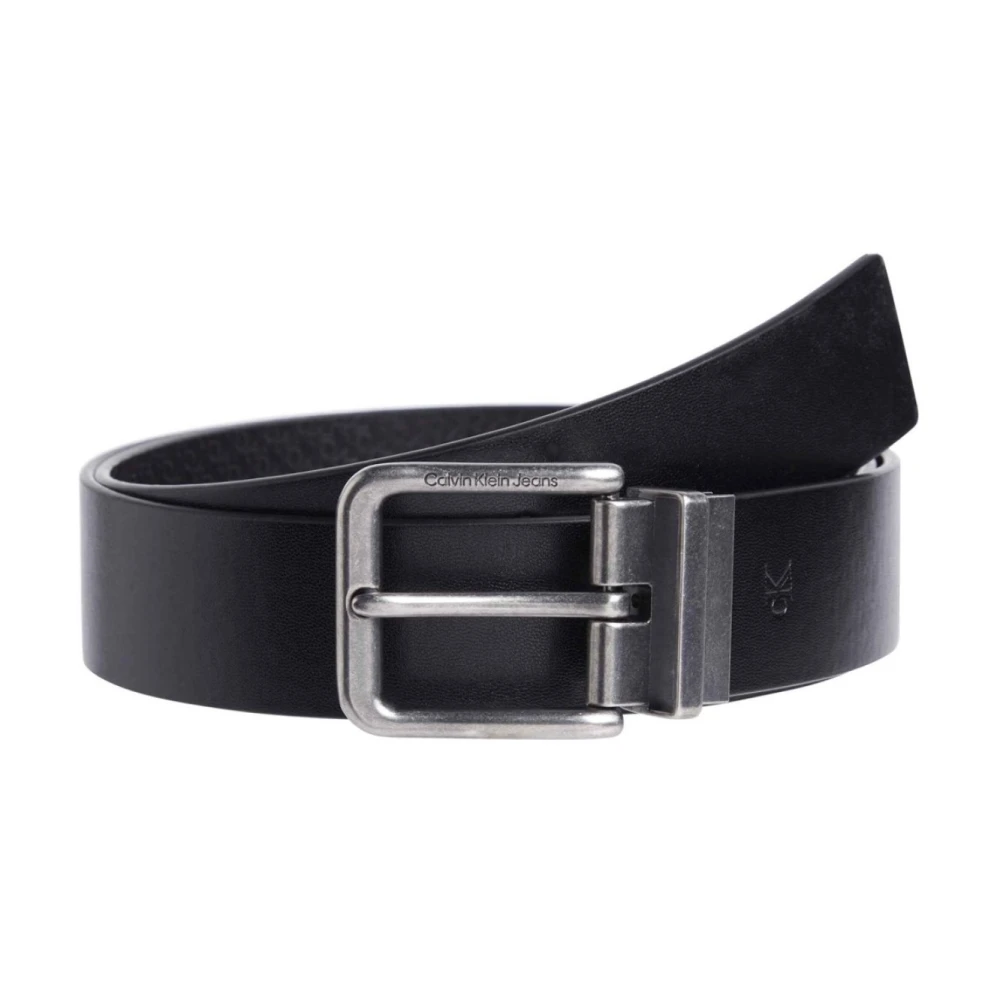 Calvin Klein Zwarte Leren Riem Gegraveerd Logo Black Heren