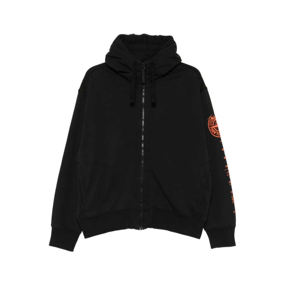 Stone Island , Zip-Throughs, Male, Black, Xl, Logo Patch Zip-Up Sweatshirt