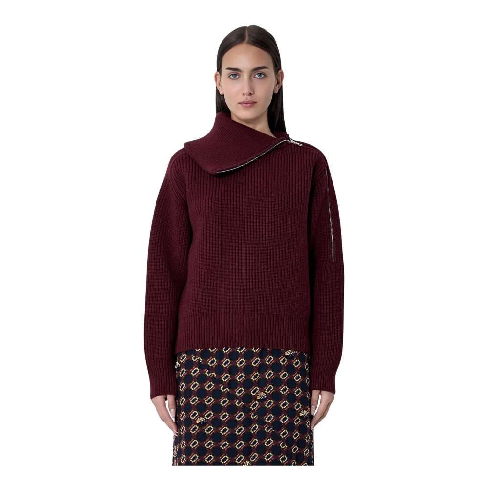 Dries Van Noten Women's Red Zip-Collar Jumper - Turtlenecks - Xs - Knitwear