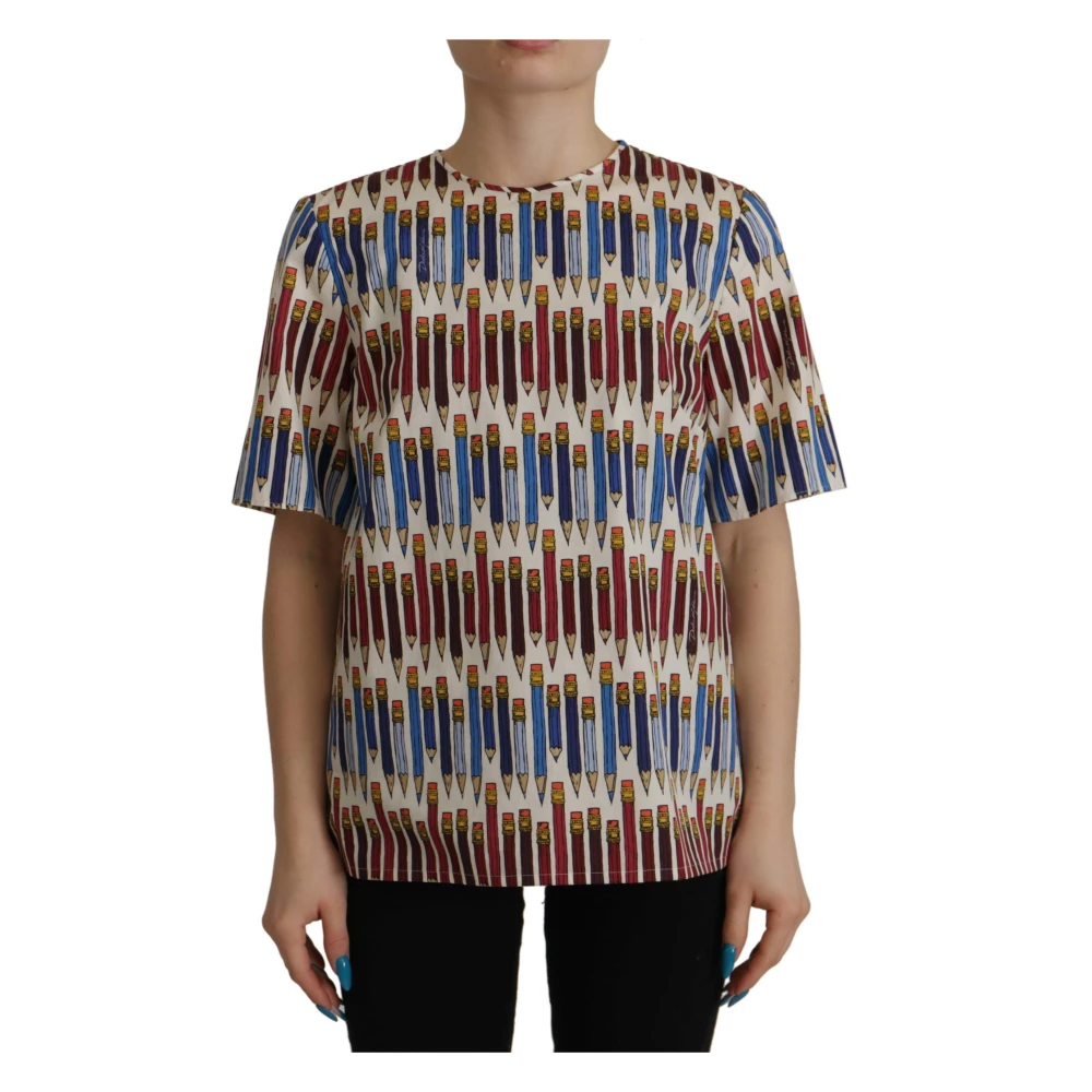 Dolce & Gabbana Multicolor T-Shirts, Female, Xl, Chic White Pencil Print Blouse