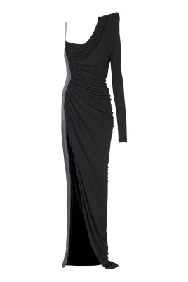 Draped asymmetrisk tvåmaterial klänning