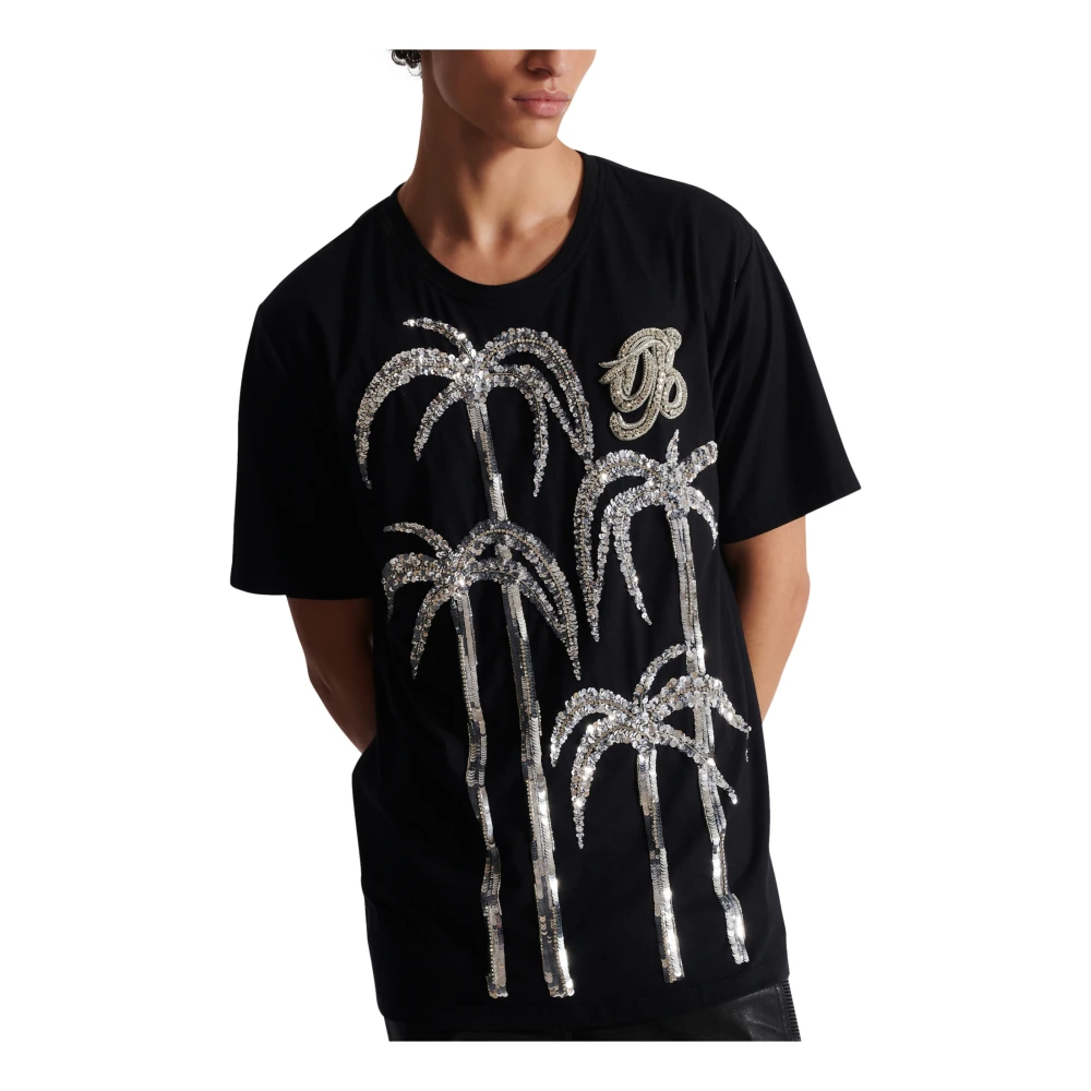 Balmain Palmboom geborduurd T-shirt Black Heren