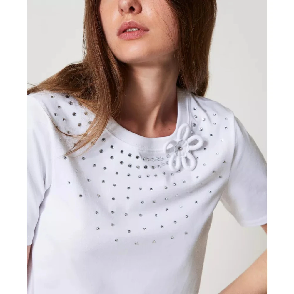 Twinset Reguliere T-shirt met Strass en Bloem White Dames