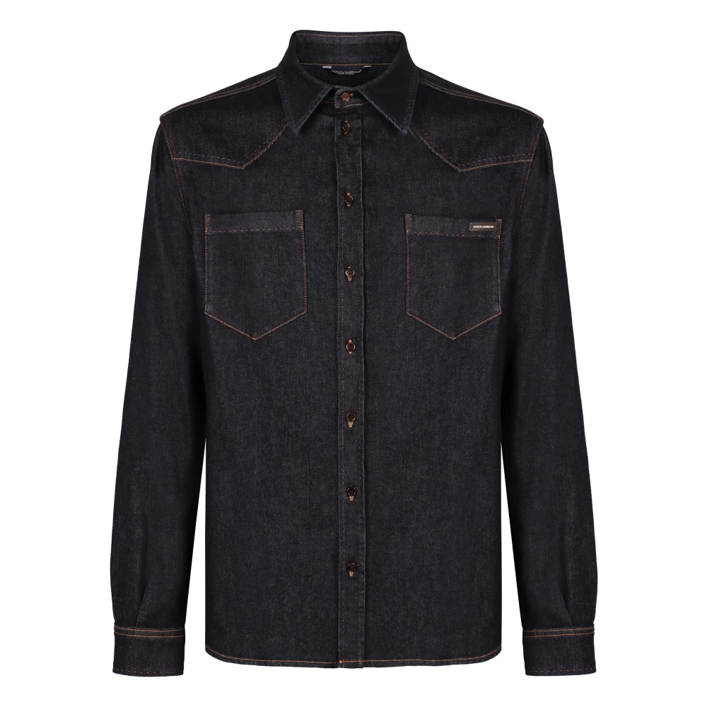 Dolce & Gabbana Denim shirt met logodetail Blue Heren