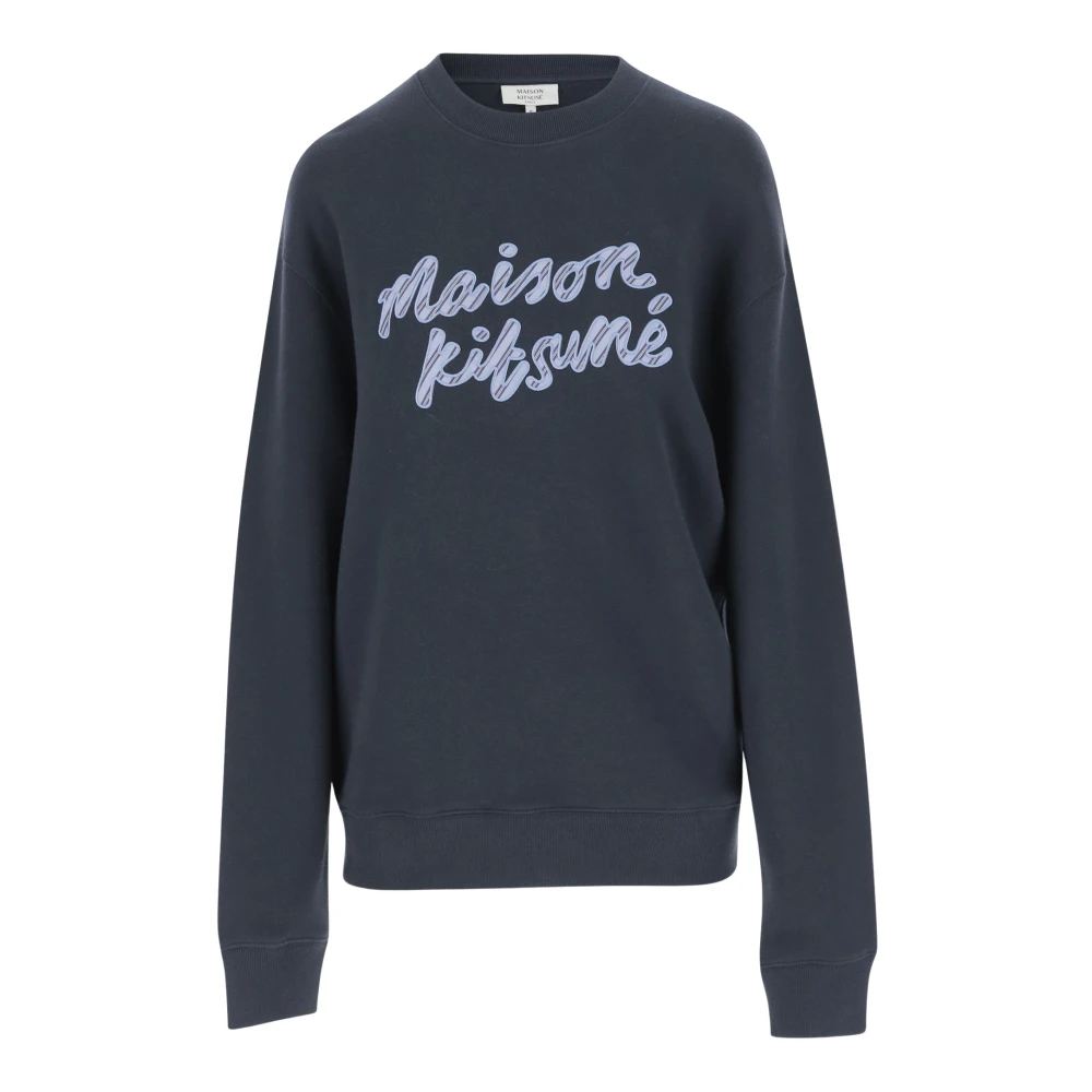 Maison Kitsuné Logo Katoenen Sweatshirt Navy Ronde Hals Blue Heren