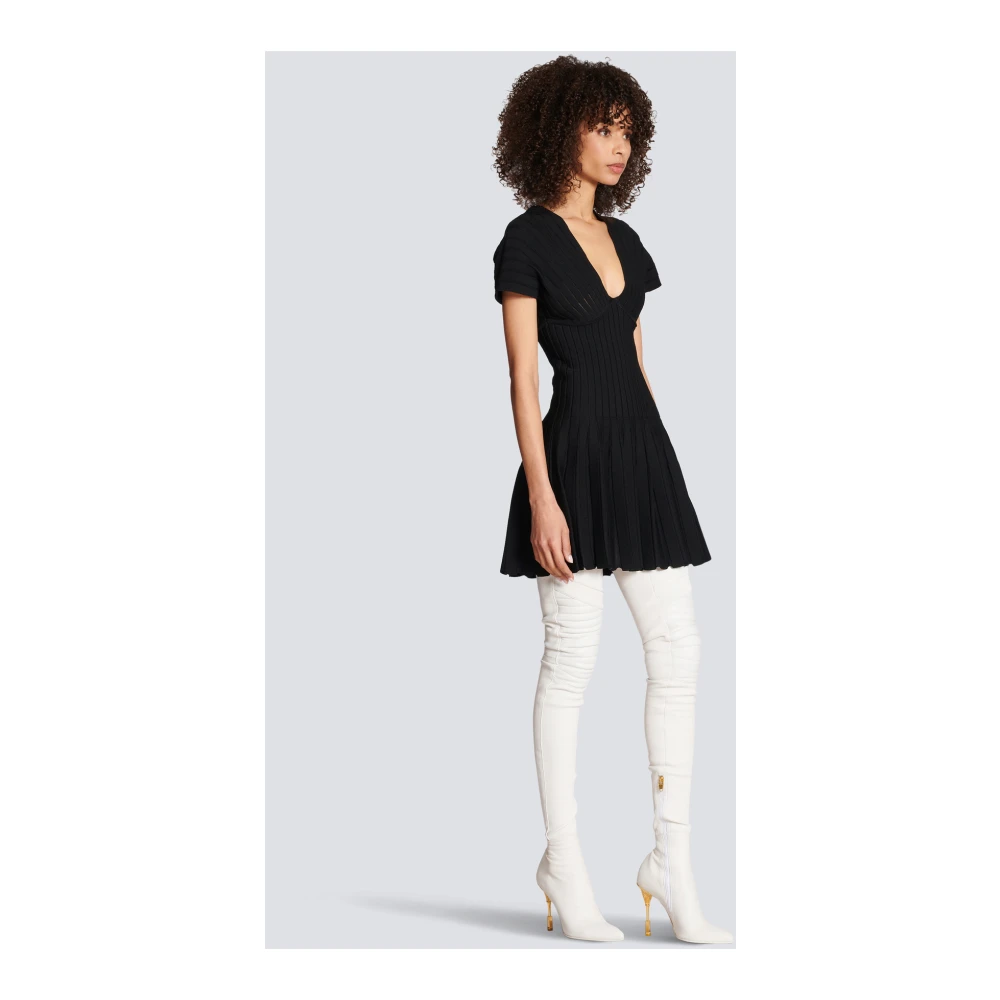 Balmain Korte Geplooide Gebreide Jurk Black Dames