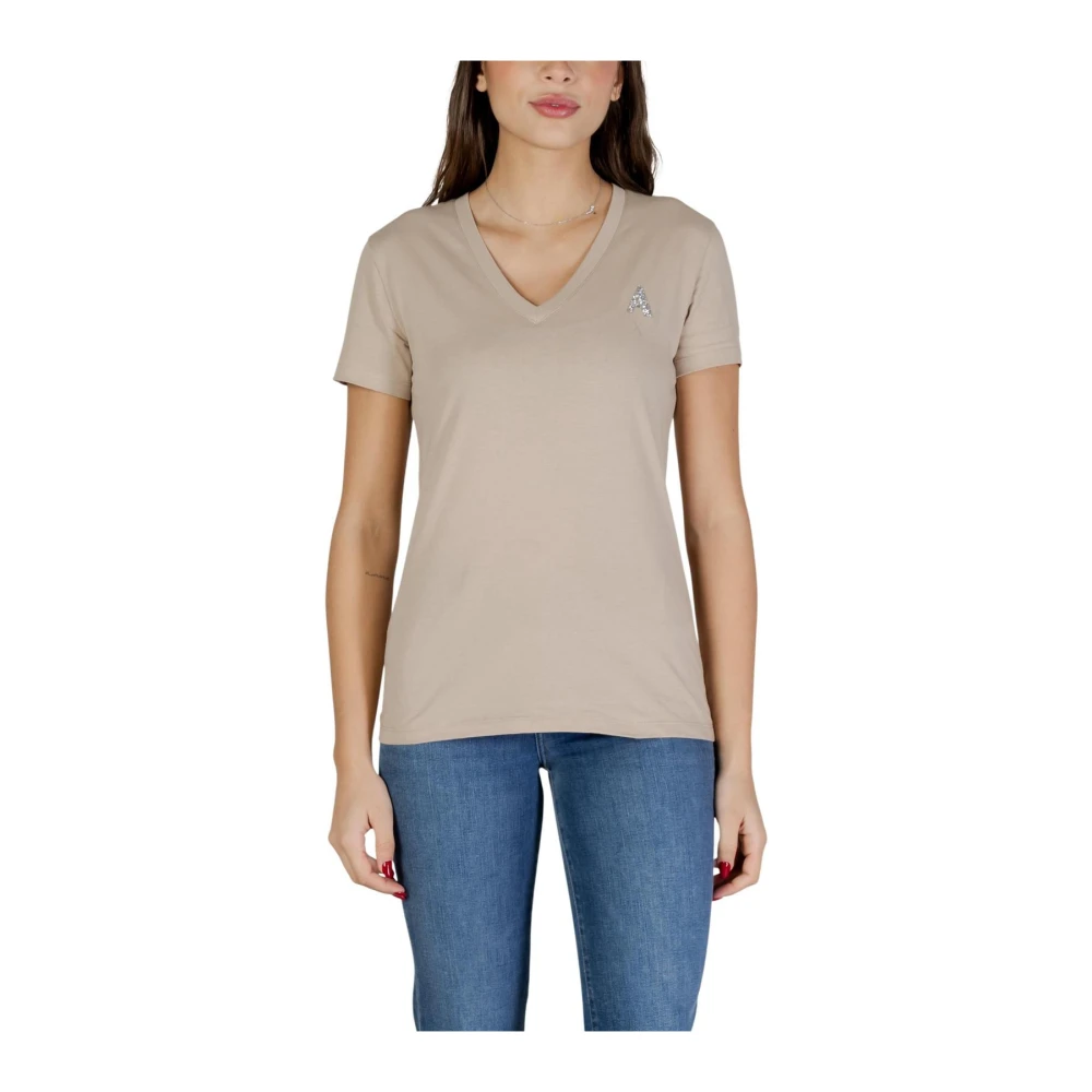 Armani Exchange Vrouw Beige Tops Dames, L, Katoen, V-Hals T-Shirt Van Katoen Met Korte Mouwen