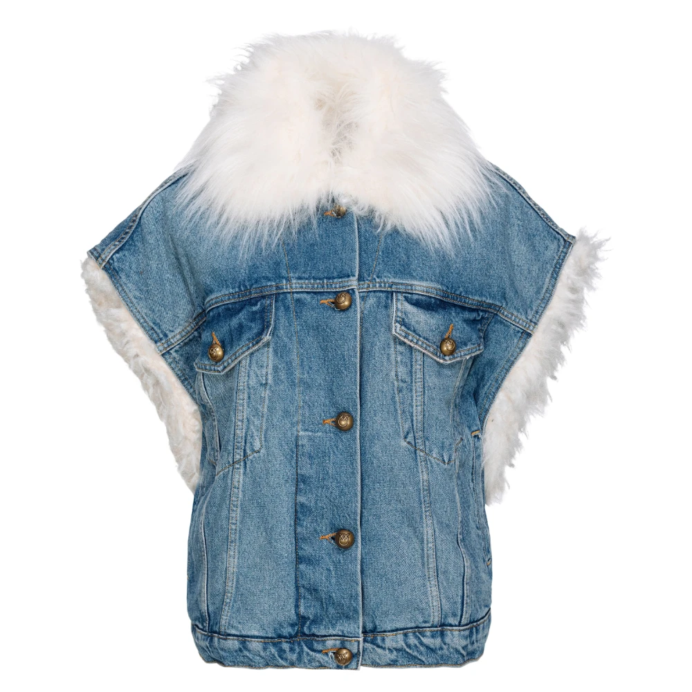 Pinko Denim mouwloos jack met imitatiebont kraag Blue Dames