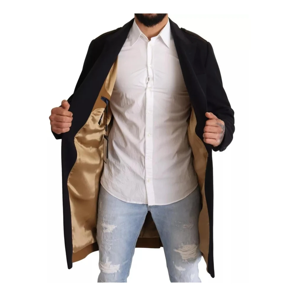 Dolce & Gabbana Blauwe Wollen Trenchcoat met Gouden Zijde Blue Heren
