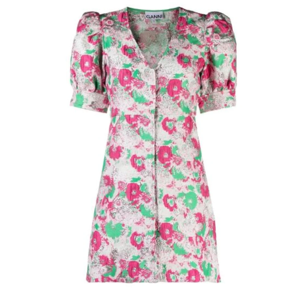 Ganni Multicolor Short Dresses, Female, Xs, Spring Floral Button Down Mini Dress