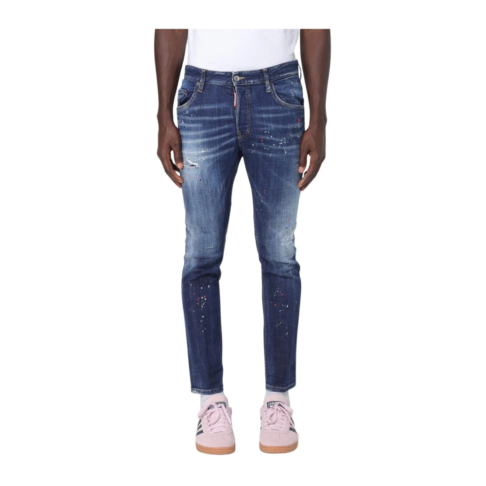 Dsquared2 Men's Blue Slim Fit Jeans, Xs, Distressed Paint Splatter Denim Jeans