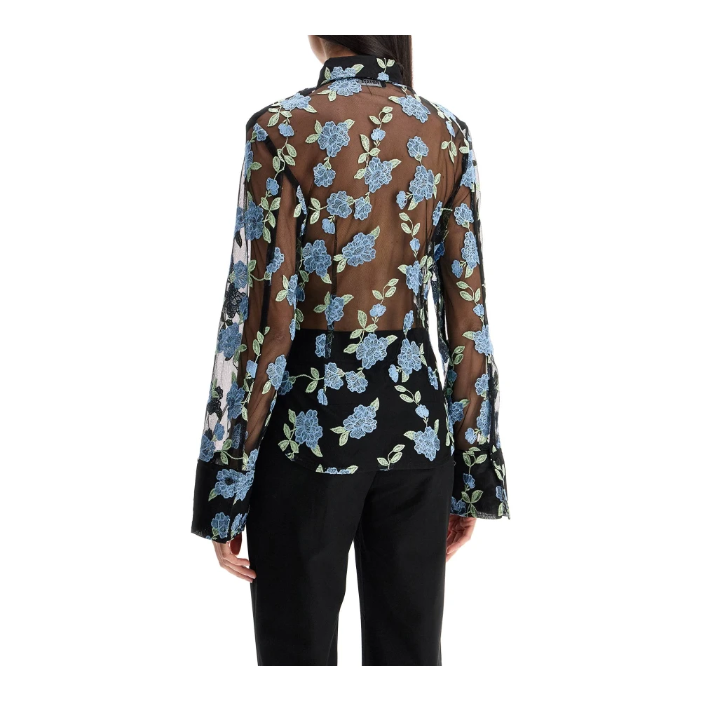 Rotate Birger Christensen Gebloemde geborduurde zwarte mesh shirt Multicolor Dames
