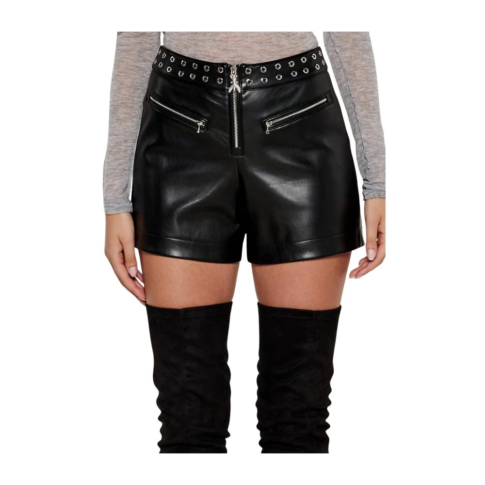 PATRIZIA PEPE Zwarte Shorts van Kunstleer met Metalen Zeilen Black Dames