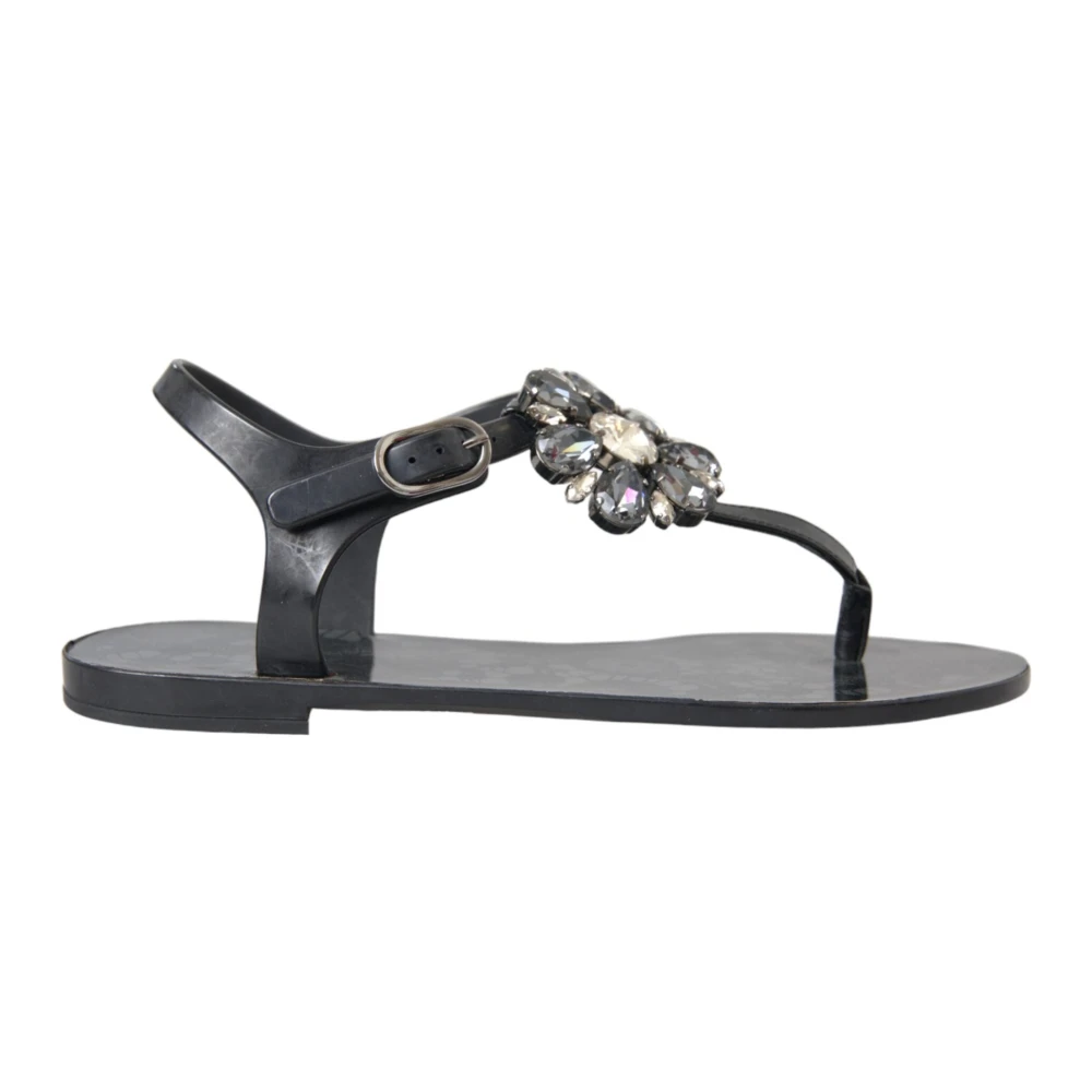 Dolce & Gabbana Women's Black Flat Sandals, 2 Uk, Crystal Flat Sandals
