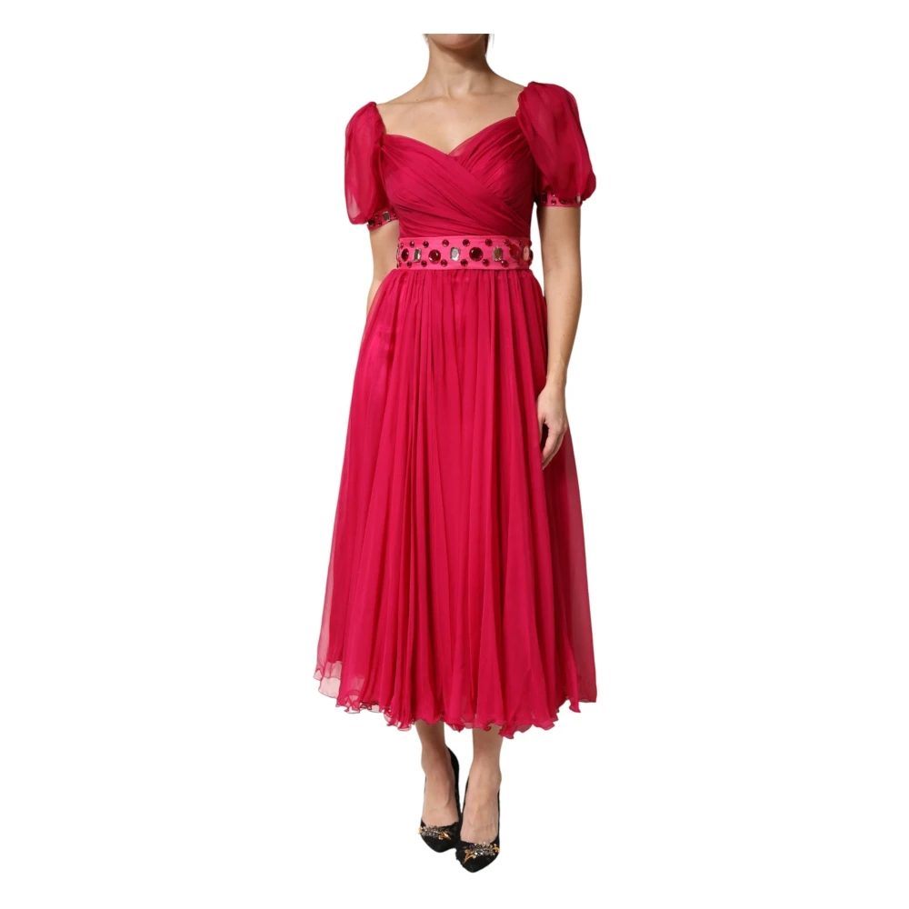 Dolce & Gabbana Silk Embellished A-Line Midi Dress - Female - Party Dresses - Pink - S - Dresses