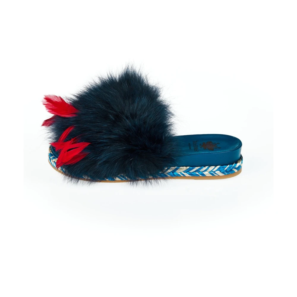 Mr&Mrs Italy Women's Blue Fur Feather Sandal Rubber Sole Contrast - Sliders - 3 Uk- Shoes