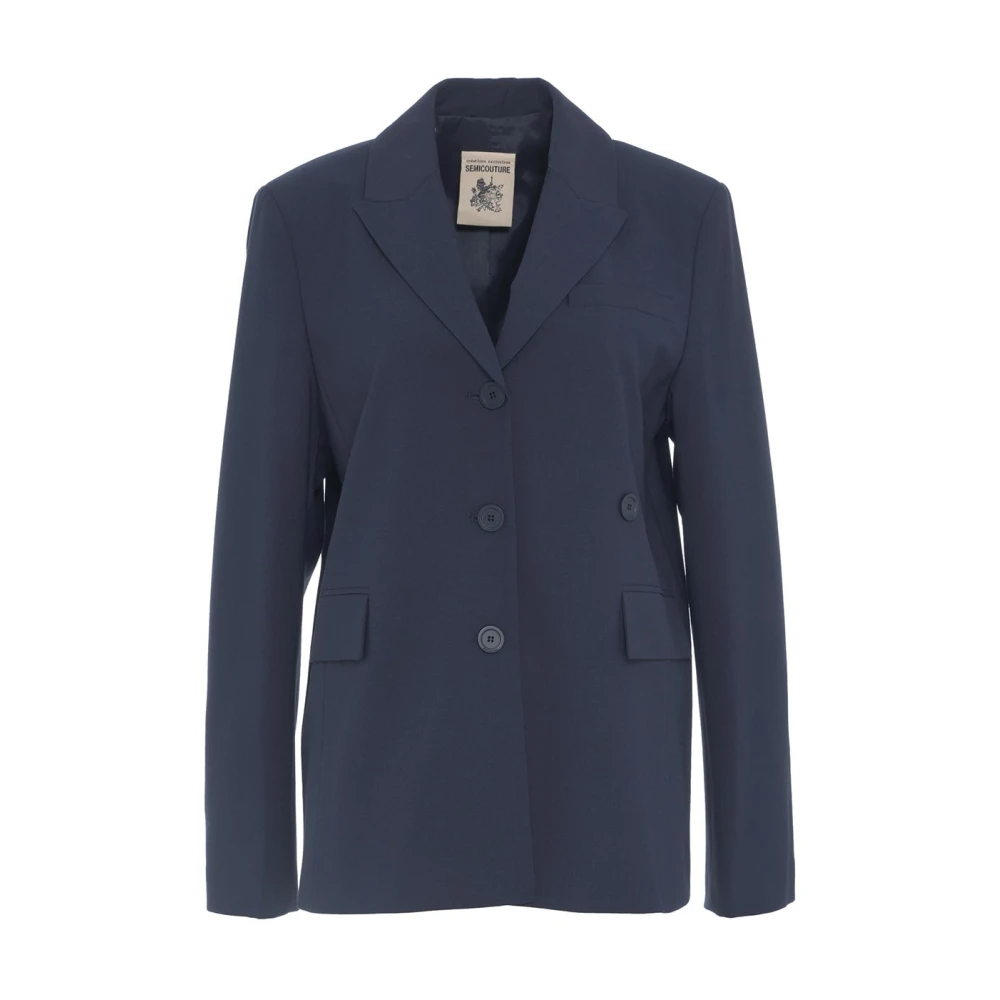 Semicouture Blauwe Wollen Blazer met Revers Blue Dames