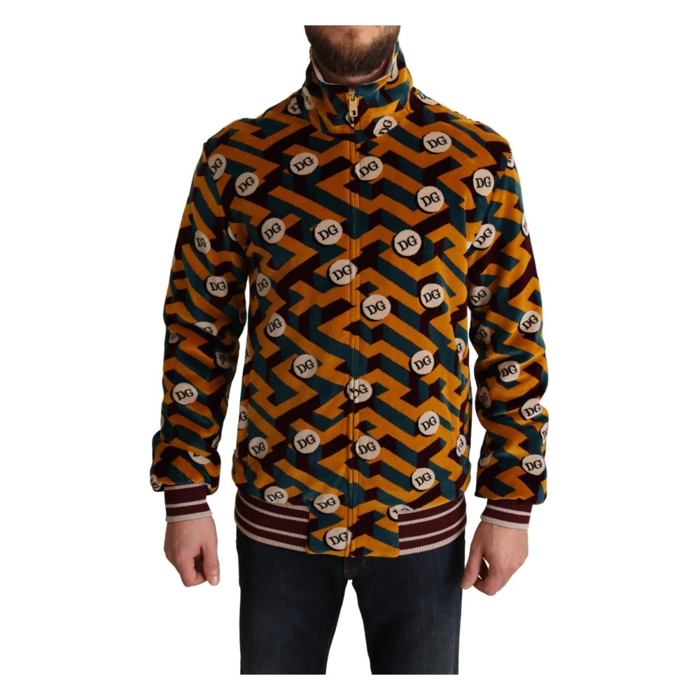 Dolce & Gabbana Men's Brown Zip-Throughs,, Multicolor Velvet Dg Logo Jumper Jacket Extra Small