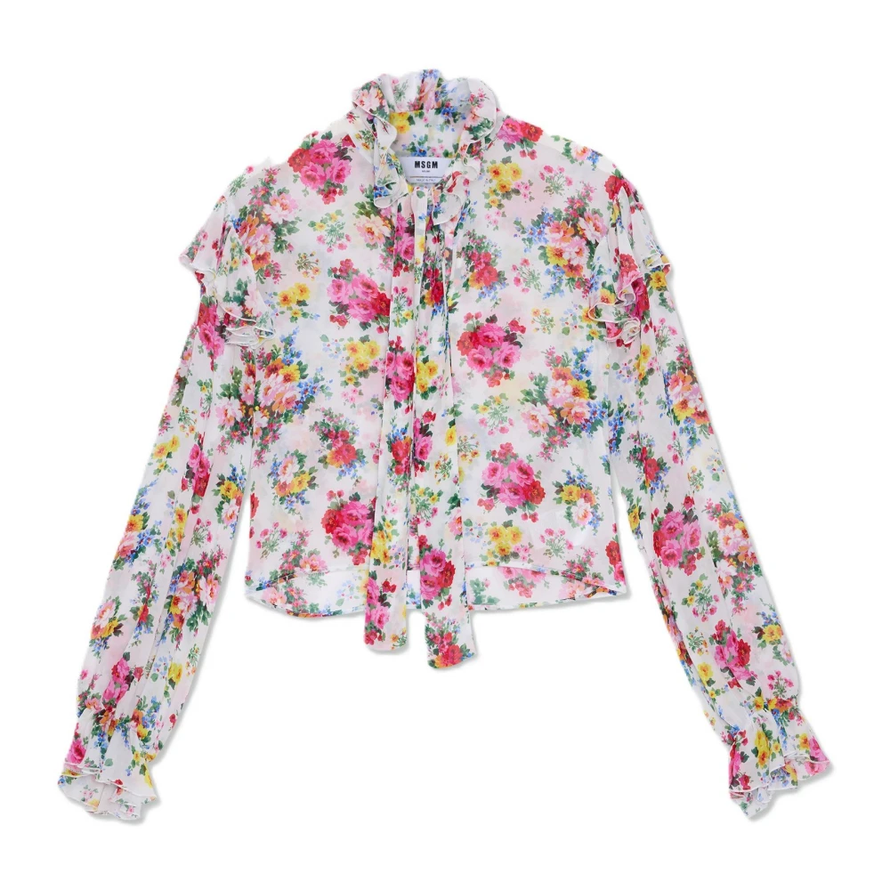 Msgm Women's Multicolor Shirts, L, Georgette Viscose Blouse With Floral Print And Ruffled Neck