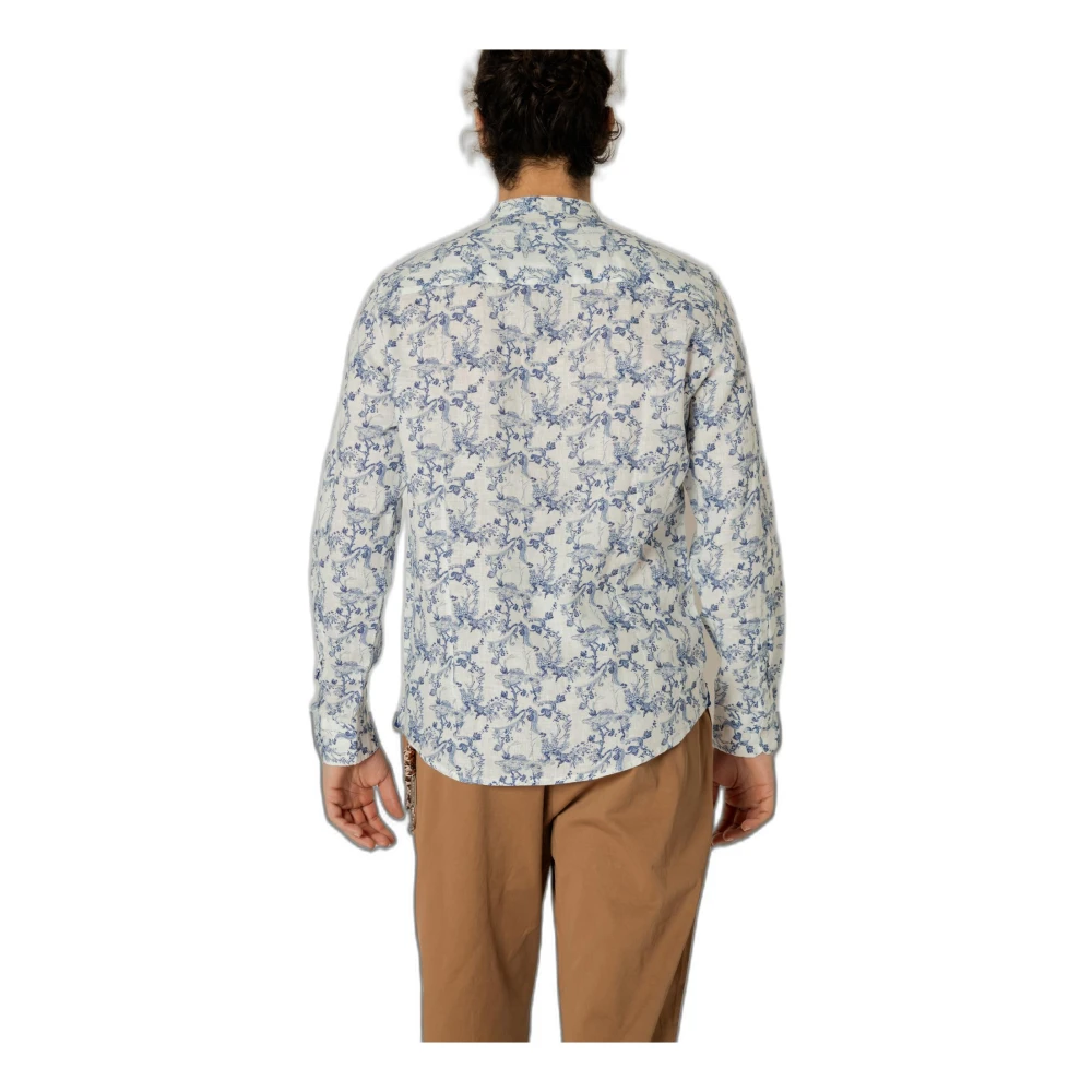 Gianni Lupo Blauwe Linnen Mandarin Print Shirt Multicolor Heren