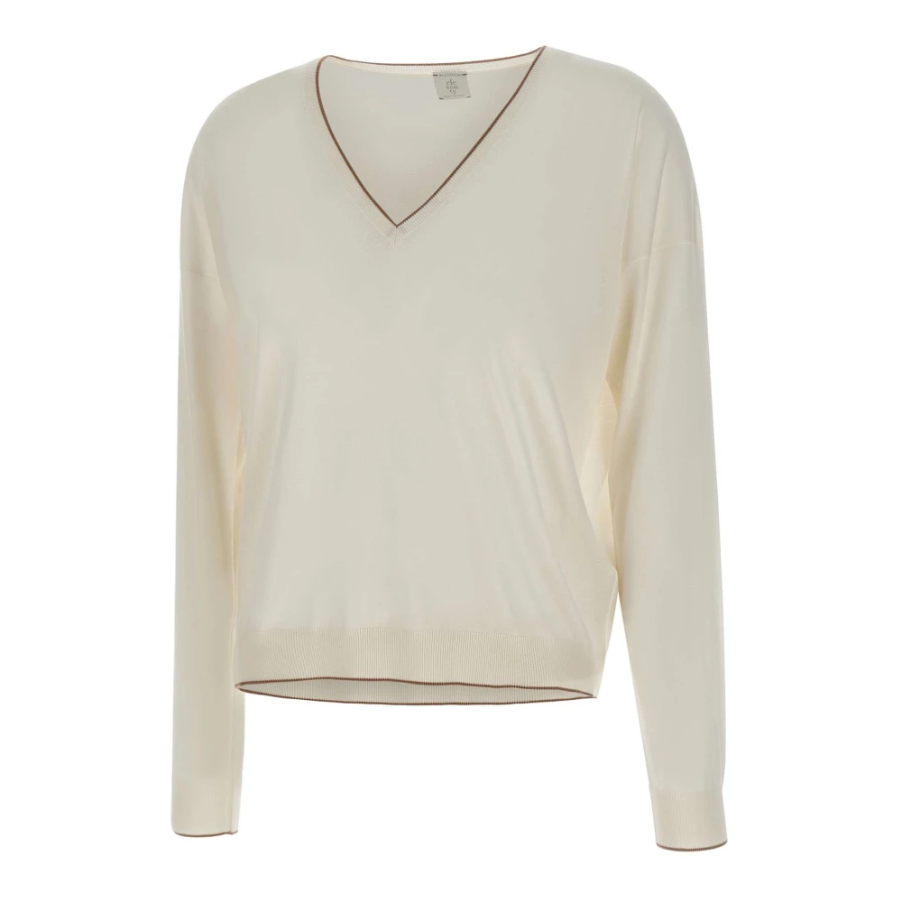 Eleventy Kvinno Vit Stickade Tröjor Dam, M, V-Ringad Ulltröja