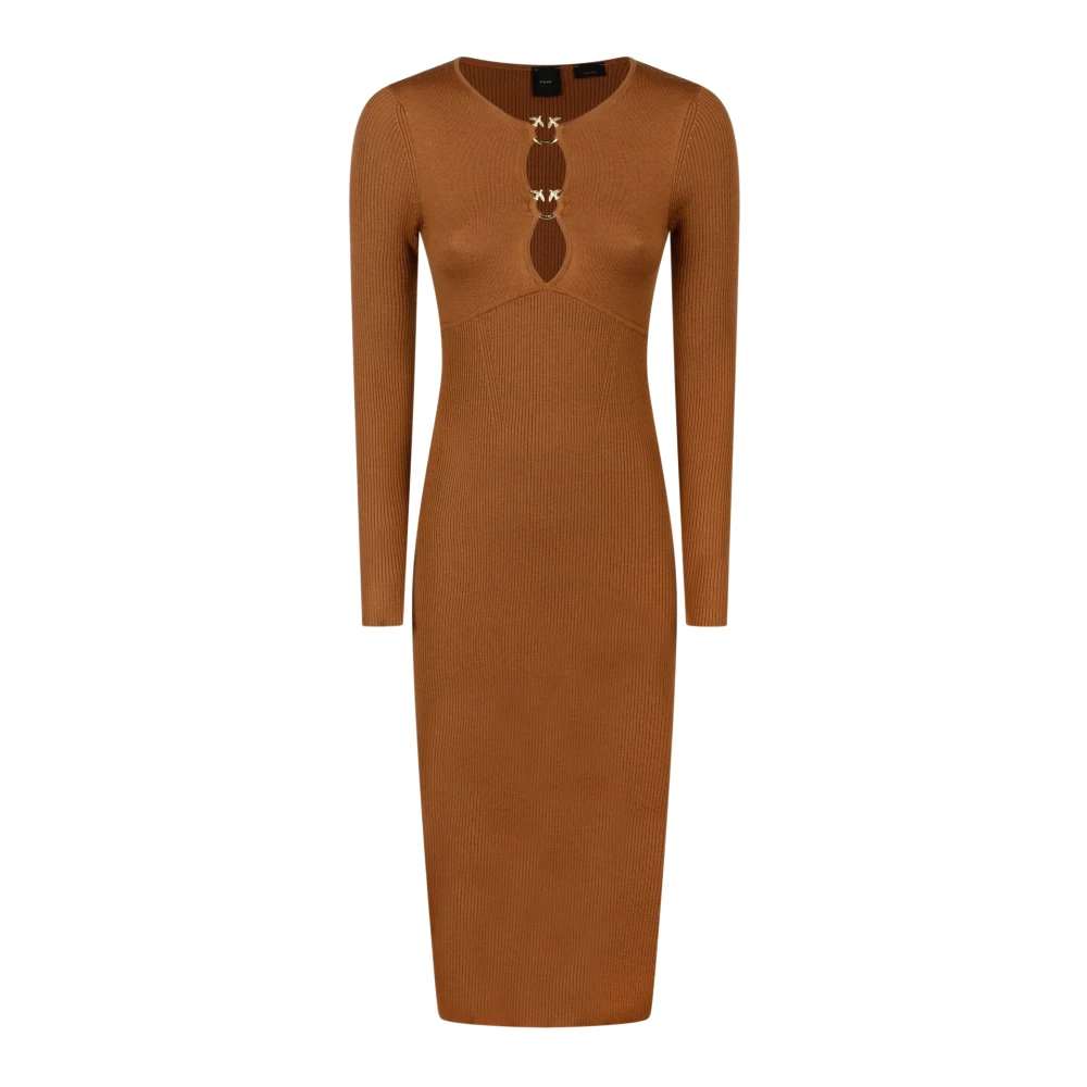 Pinko Brun Ribbad Midi Klänning Brown, Dam