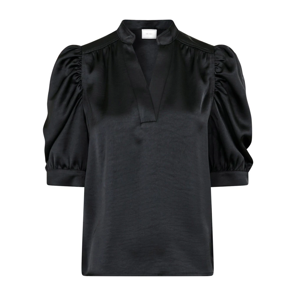 Neo Noir Black Blouses, Female, Xl, Sateen Blouse With Puff Sleeves